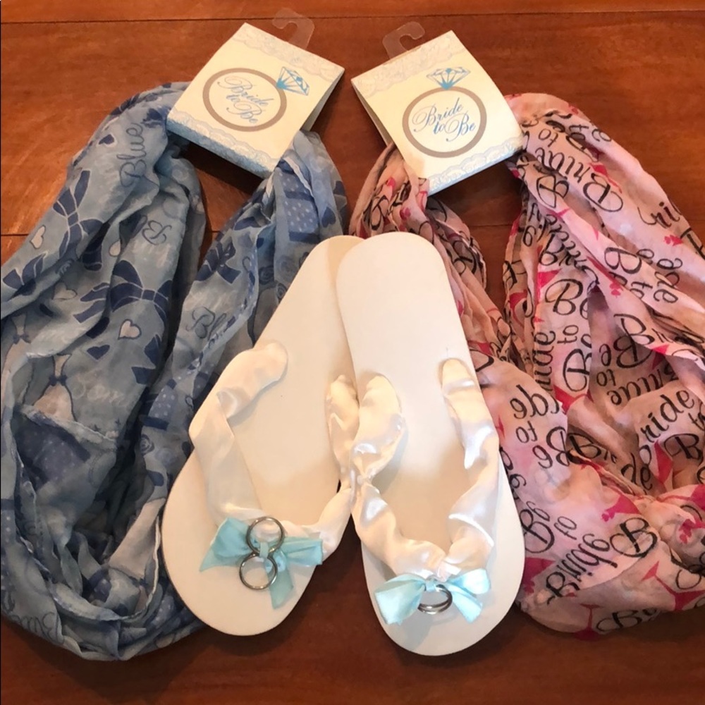 2 pack Bride to be scarves & “Just Married”sandals